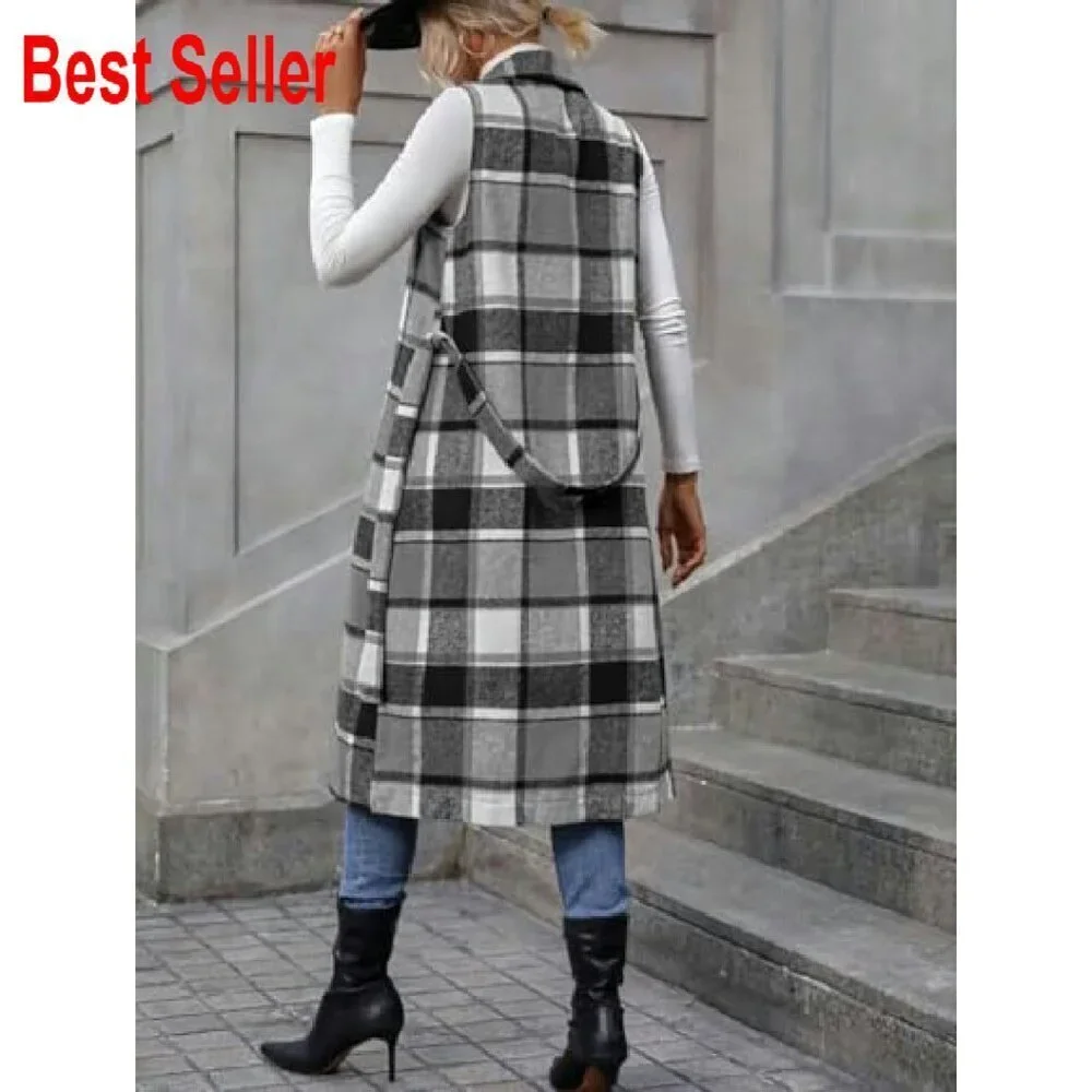 Long Plaid Wool Vest Sleeveless Blazer Jacket Open Front Cardigan Chic